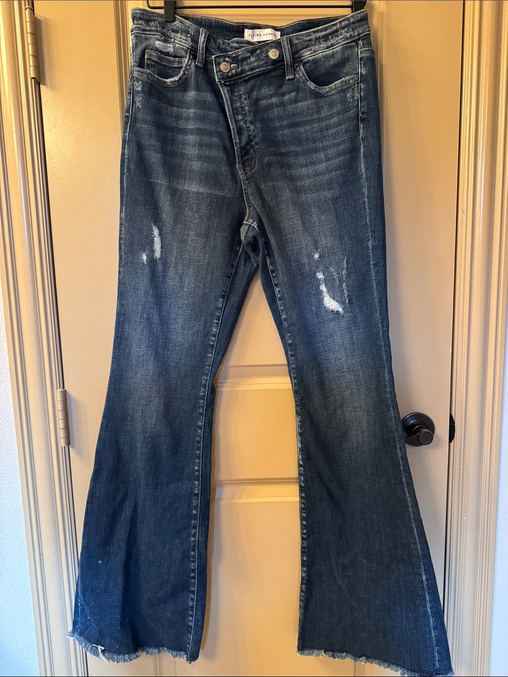 Hard to find - Flying Monkey Dark Blue Distressed Flare Jeans